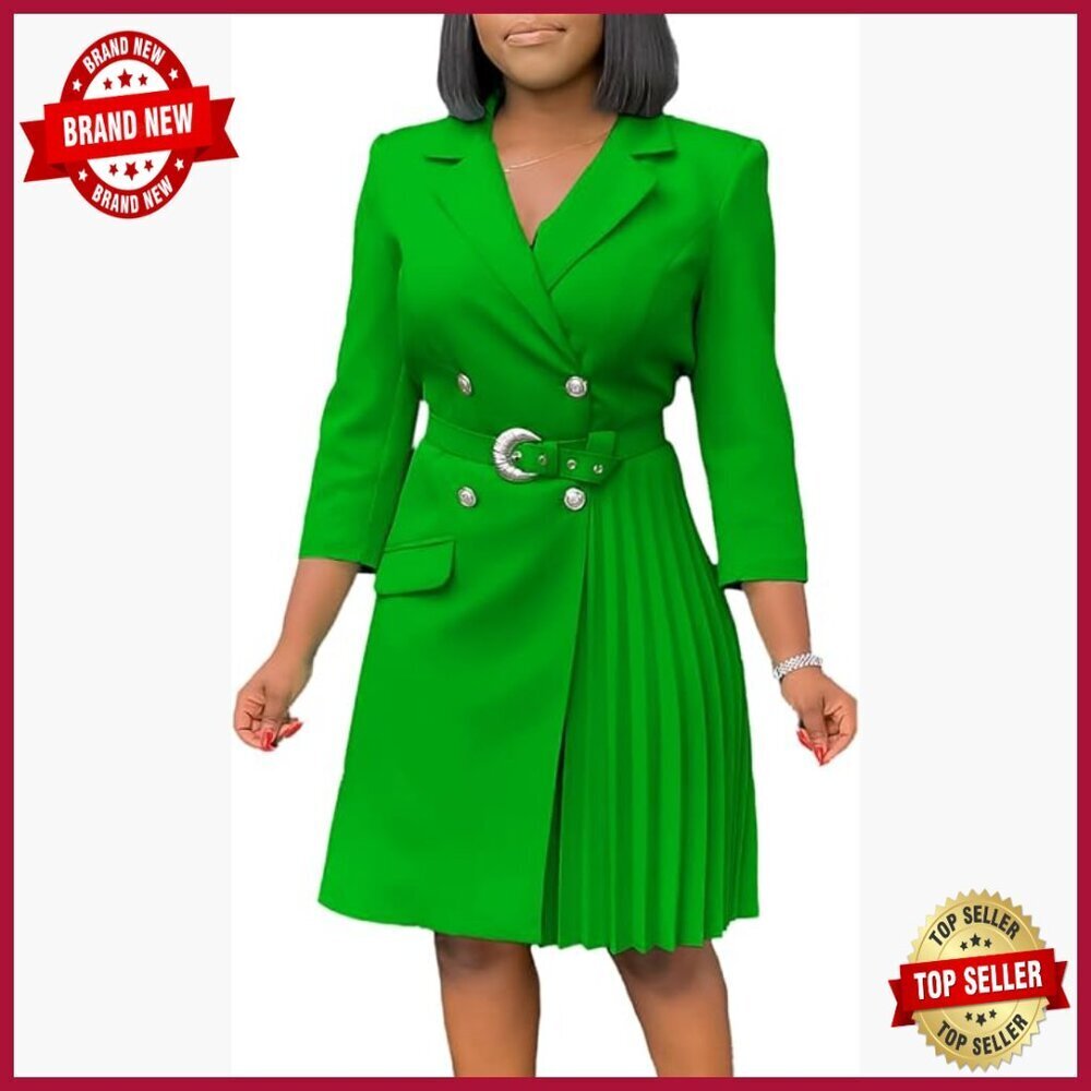 Women's Lapel Neck Double Breasted Blazer Dress 3/4 Sleeve Pleated Midi with